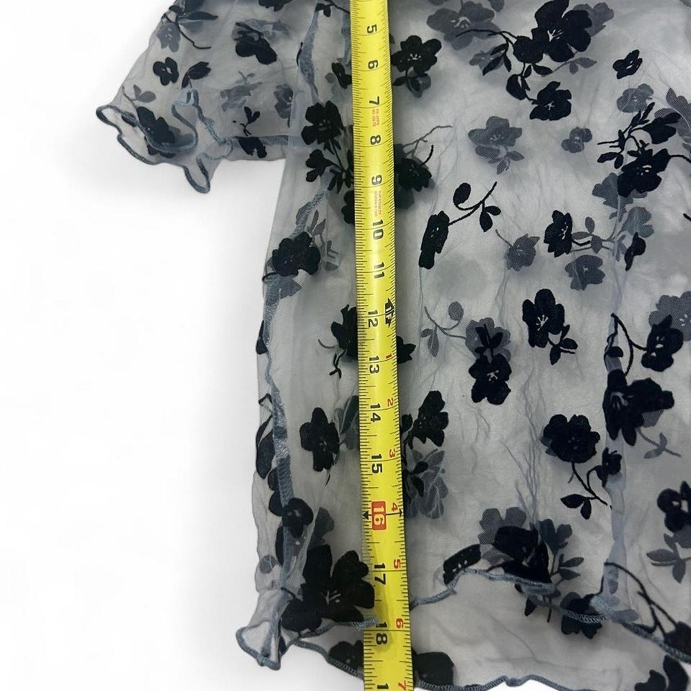 Dazy Womens Sheer Mesh Floral Top Blue Black Short Sleeve Lettuce Trim Size M - Picture 3 of 8